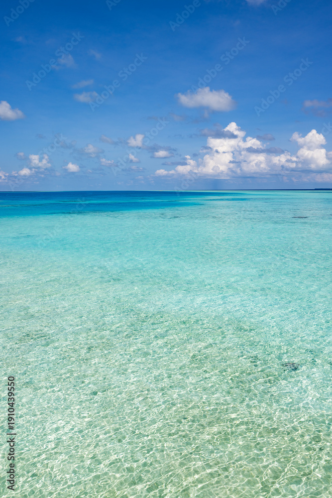 Obraz premium Sunny blue ocean view tropical Mediterranean sea lagoon bay. Calm water surface horizon sunlight blue sky Maldives island paradise marine environment turquoise vista summer travel background