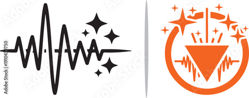 Two stylized icons: a black soundwave with sparkles and an orange circular emblem featuring an inverted triangle, a waveform, and stars. Modern, clean vector aesthetic.