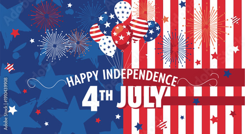 4th of July patriotic banner with balloons and fireworks, American flag pattern, Independence Day celebration background for website or social media