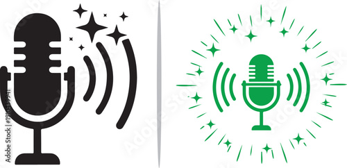 A minimalist vector set: a black microphone icon with sound waves and sparkles alongside a green microphone radiating light within a circular burst, representing high-quality audio and growth.