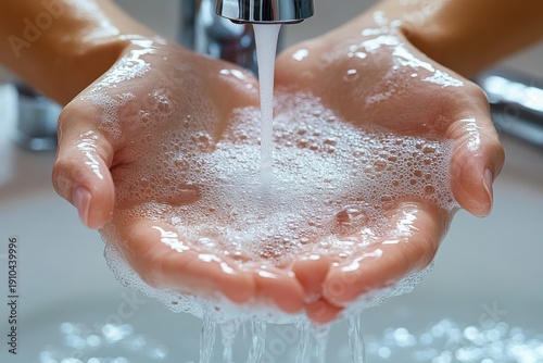 Close-up of cupped hands under a running faucet filled with soapy bubbles, conveying cleanliness and care