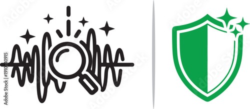 A technical vector set: a magnifying glass analyzing a dynamic sound frequency wave next to a solid green shield with three shining stars, representing secure data analysis and protection.