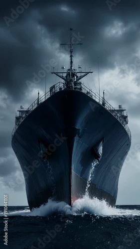 Wallpaper Mural Large cargo ship navigating through turbulent waters, bow cutting through waves, with dark storm clouds looming overhead in a dramatic maritime scene, shadow fleet Torontodigital.ca