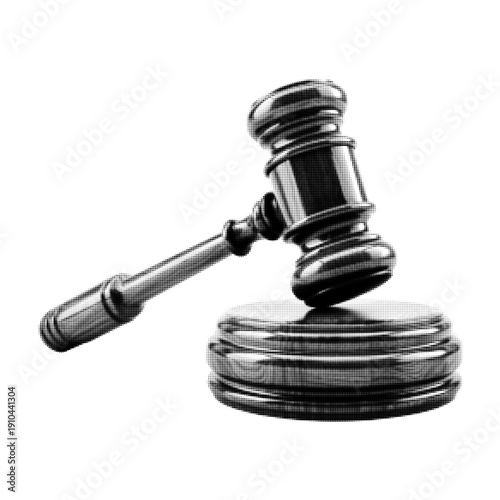Black and white halftone illustration of judge gavel and sound block. Vintage engraving style legal symbol isolated on white background, concept of justice, law, court decision and authority.
