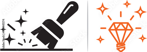 A vector set featuring a black paintbrush leaving a sparkling trail and an orange lightbulb containing a shining diamond, symbolizing creative brilliance and refined ideas.