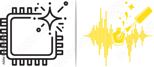 A minimalist vector set: a black computer chip icon with a glowing sparkle alongside a yellow nail polish bottle and brush overlaid on a dynamic sound wave or frequency pulse.