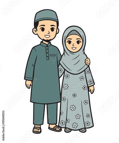 A happy young Muslim couple standing together with the man wearing a green thobe and the woman in a matching floral hijab and dress.