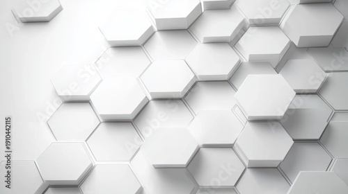white three-dimensional hexagonal tile pattern with stacked raised cells and soft shadows, minimal modern calm abstract background