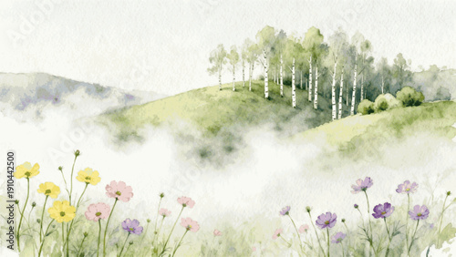 Soft Morning Fog Misty Meadows : Floral Dream isolated watercolor vector illustration svg