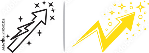 A vibrant vector set featuring a black lightning bolt arrow with stars and a yellow zigzagging arrow ascending through a cloud of sparkles, representing rapid energy and growth.