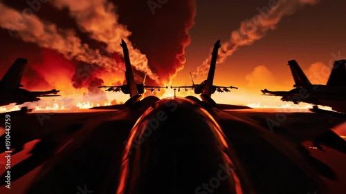 Multiple jet fighters launching from an active battlefield runway amidst fiery explosions and thick smoke, depicting an intense aerial combat scenario.
