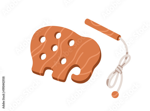 Kids toy, wooden elephant shape with holes and string on stick. Montessori pu...