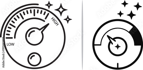A black and white vector set featuring two performance gauges with needles pointing to high levels, accented by sparkling stars to represent optimization, speed, and peak efficiency.