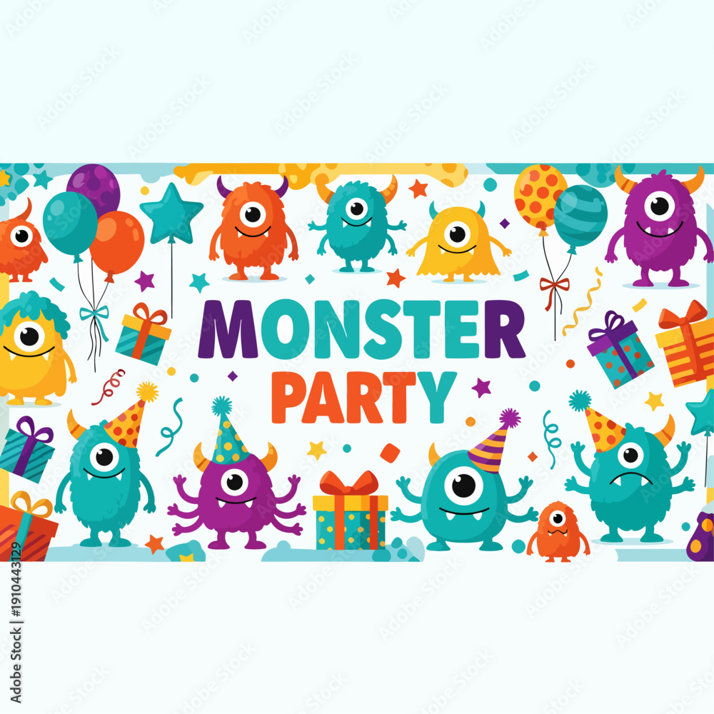 Naklejka premium Fantasy Monster Birthday Celebration Featuring Playful Characters Bright Colors and Happy Smiles 