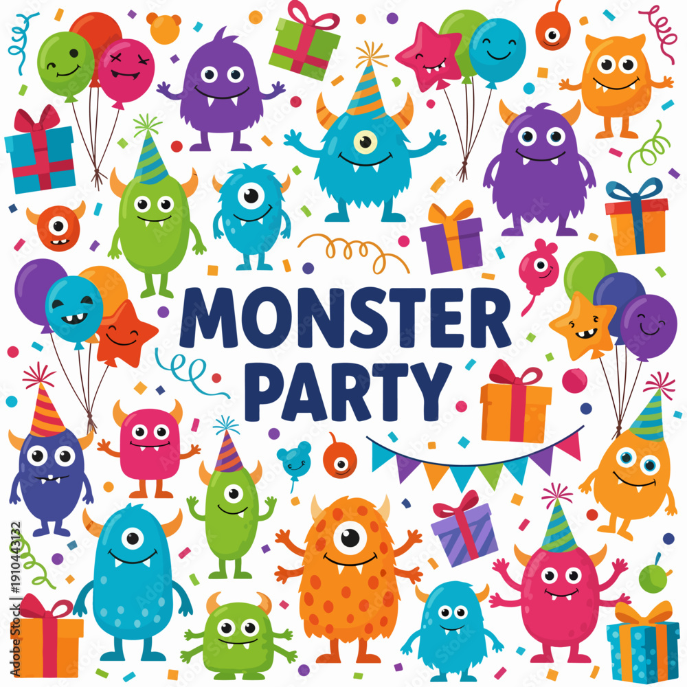Naklejka premium Smiling Cartoon Monster Collection Perfect for Children's Party Invitations and Event Posters 