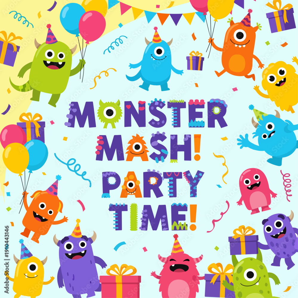 Fototapeta premium Cheerful Halloween Monster Party Design with Friendly Creatures and Vibrant Balloon Decorations 