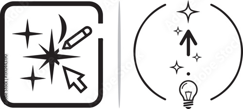 A minimalist vector set: the left icon features stars, a moon, a pencil, and a cursor inside a frame; the right shows a lightbulb sending an arrow and sparkles upward within a circle.