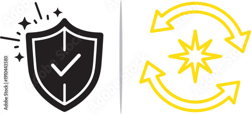 A vector set featuring a black shield with a checkmark and sparkling accents alongside a yellow circular refresh symbol enclosing a star, representing security, verification, and updates.
