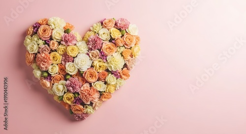 Heart shaped floral arrangement on pink background
