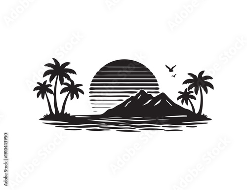 Tropical landscape with mountains vector silhouette