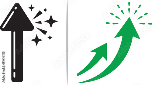 A minimalist vector graphic featuring a bold black upward arrow with sparkles, alongside two rising green curved arrows symbolizing growth and dynamic momentum.
