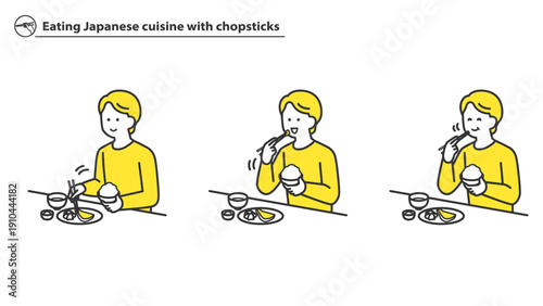 箸で和食を食べる男性　2色
