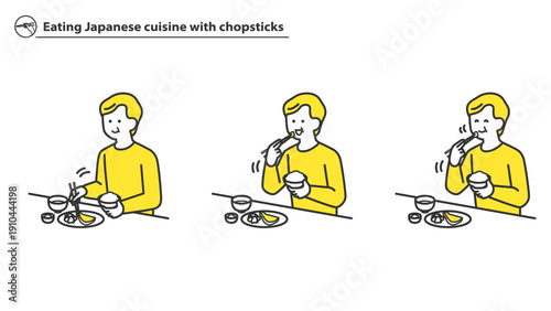 箸で和食を食べるシニア男性　2色