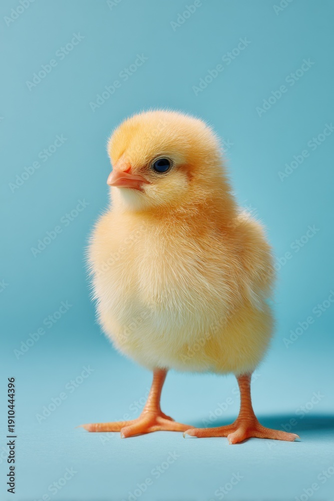 Obraz premium yellow chick standing on blue background soft studio light detailed feather texture minimal composition concept of spring season poultry farming agriculture marketing holiday celebration