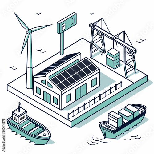 Futuristic smart green port with integrated wind and solar energy infrastructure