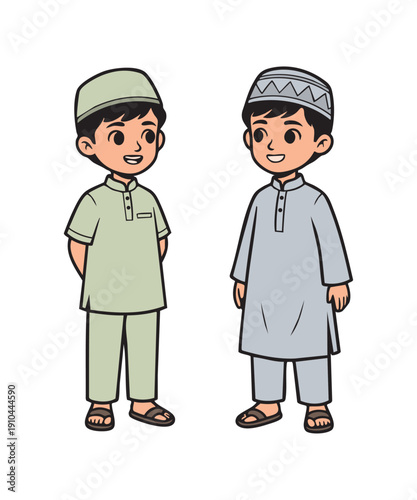 Two young Muslim boys standing and smiling together wearing light green and grey thobes with matching prayer caps.