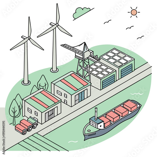 Modern smart green port utilizing renewable wind and solar energy for sustainable operations