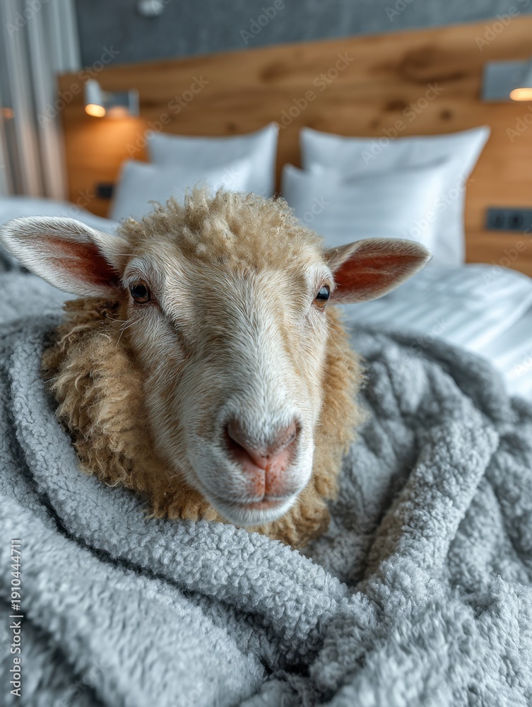 Naklejka premium A sheep rests on a gray blanket, covered in wool.