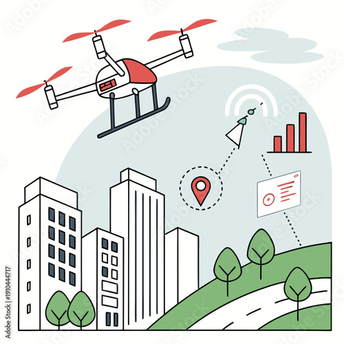 Smart pollution detection drone, advanced technology for environmental monitoring and air quality control, vector illustration.