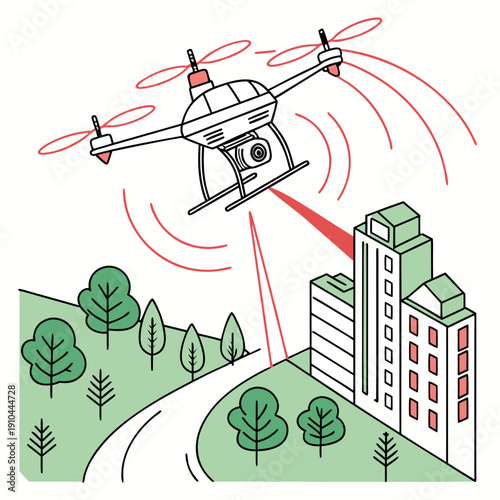 Smart pollution detection drone, advanced technology for environmental monitoring and air quality control, vector illustration.