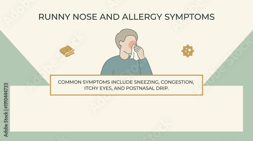Man rubbing his nose due to allergy symptoms in infographic design  