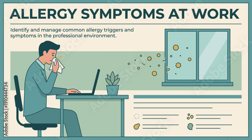 Office worker experiencing allergy symptoms while working at desk  