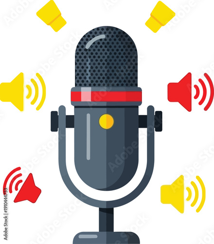 A dark professional condenser microphone displays surrounding sound waves represented by colorful, vibrating speaker icons indicating volume or broadcast.