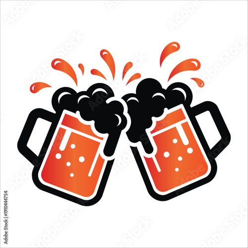 Two dark beer mugs with vibrant orange and red gradient foam clinking, creating bubbly splashes.