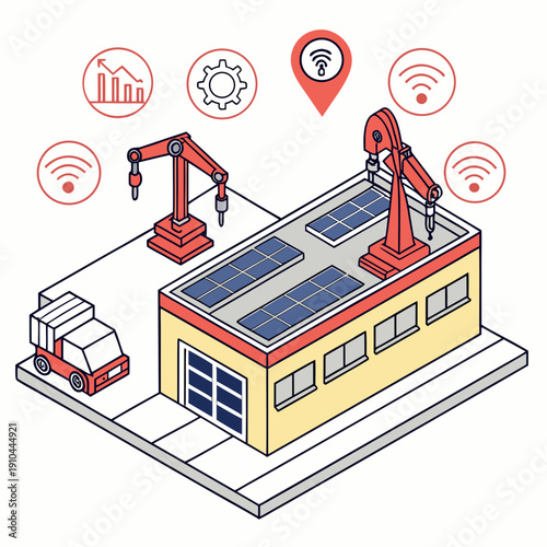 Smart renewable powered industrial robotics factory illustration, symbolizing advanced automation in sustainable manufacturing.