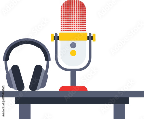 A professional broadcast microphone sits beside a pair of over-ear headphones resting on a dark table surface for audio production.