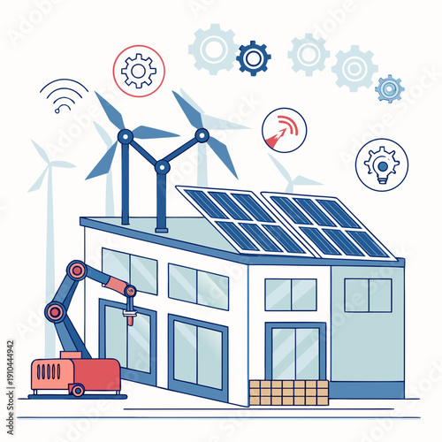 Modern vector illustration of an industrial robotics factory powered by smart renewable energy, representing the future of sustainable production.