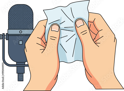 Two hands delicately hold a crumpled paper tissue near a professional recording studio microphone for cleaning or maintenance purposes.