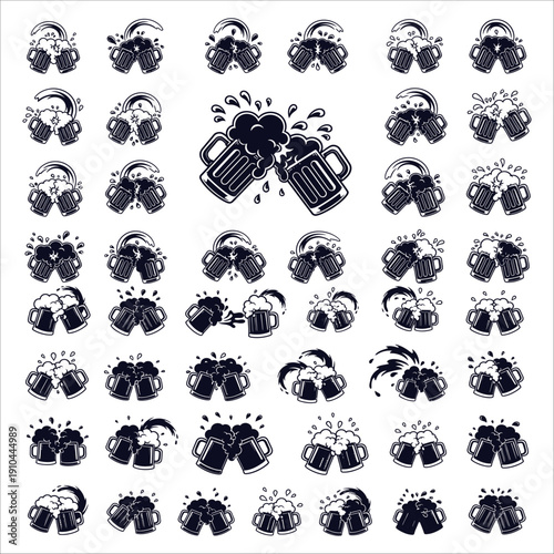 Collection of 43 vector illustrations of beer mugs clinking in various styles and colors, celebrating toast.