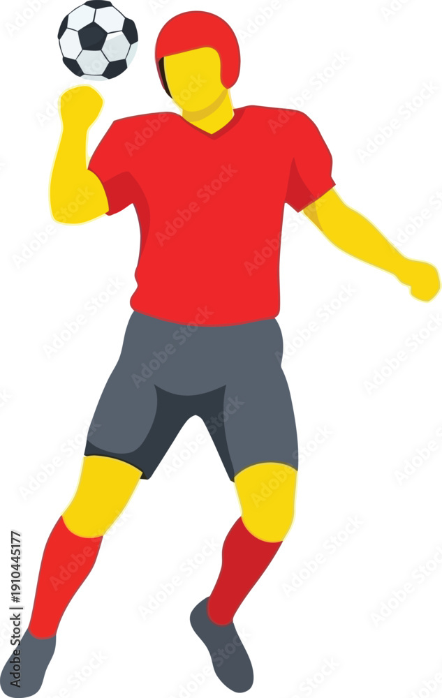 Obraz premium Soccer player wearing a red jersey and helmet controls the ball with his head during a match.
