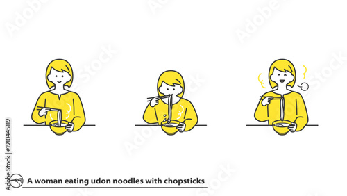 箸でかけうどんを食べる女性　表情バリエーション　セット　2色