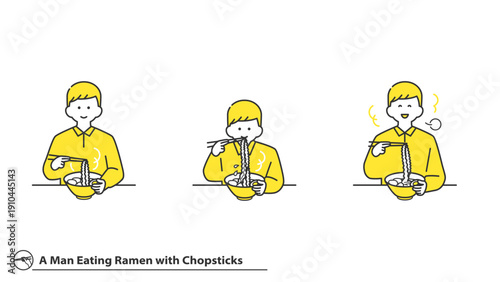 箸でラーメンを食べる男性　表情バリエーション　セット　2色
