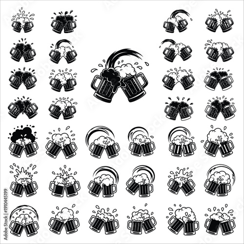 Compelling collection of 36 black and white vector illustrations of beer mugs clinking with dynamic splashes.
