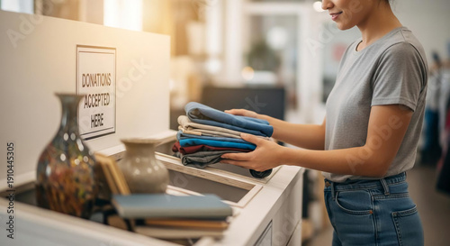 A woman in a gray t-shirt and jeans organizing books and office supplies in a desk drawer with a vase and papers on the desk in a blurred office background.