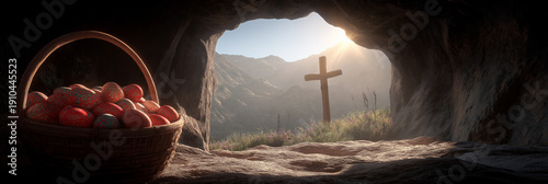Panel kuchenny z motywem Easter eggs in front of empty tomb seeing cross. Easter wallpaper. Woven basket with Easter eggs inside a cave looking out at a cross and rising sun