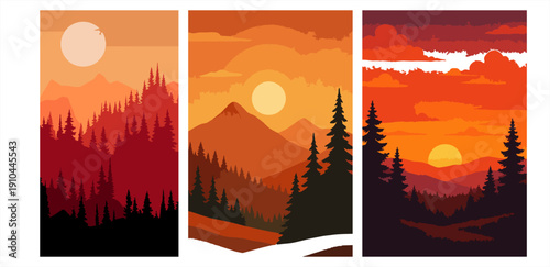 Vertical flat design sunset landscapes with mountain silhouettes, pine forests, and dramatic red skies